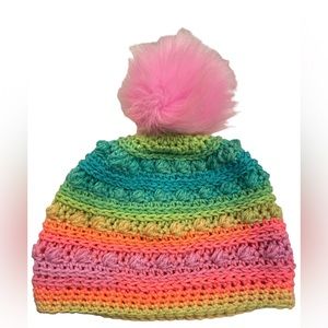 Neon Beanie with fluffy pompom HAND MADE DeeSkiDoesIt